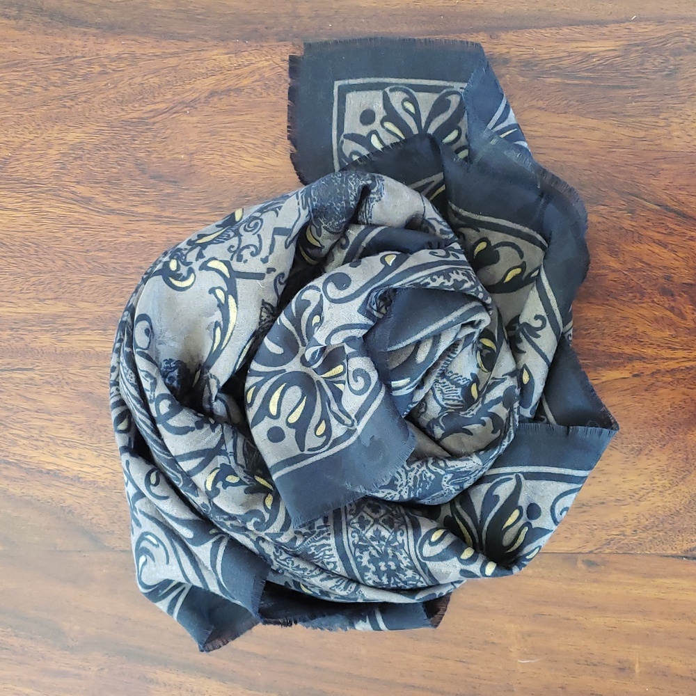 Oversized Square Scarf Black Gray Taupe Gold Yellow Wrap 34" - Picture 5 of 13